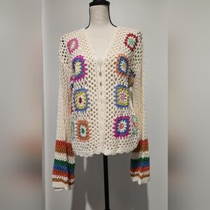Handmade Crochet Cardigan with Multicolor Squares Wheat